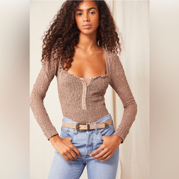 Free People Tops - Free People Confection Brown Taupe Long Sleeve Blouse Top L